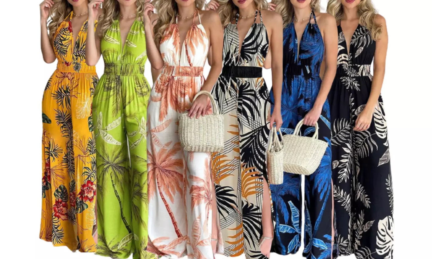 Bohuma Women Boho Print Jumpsuit Halter Deep V-Neck Backless Long Romper - Primary Image