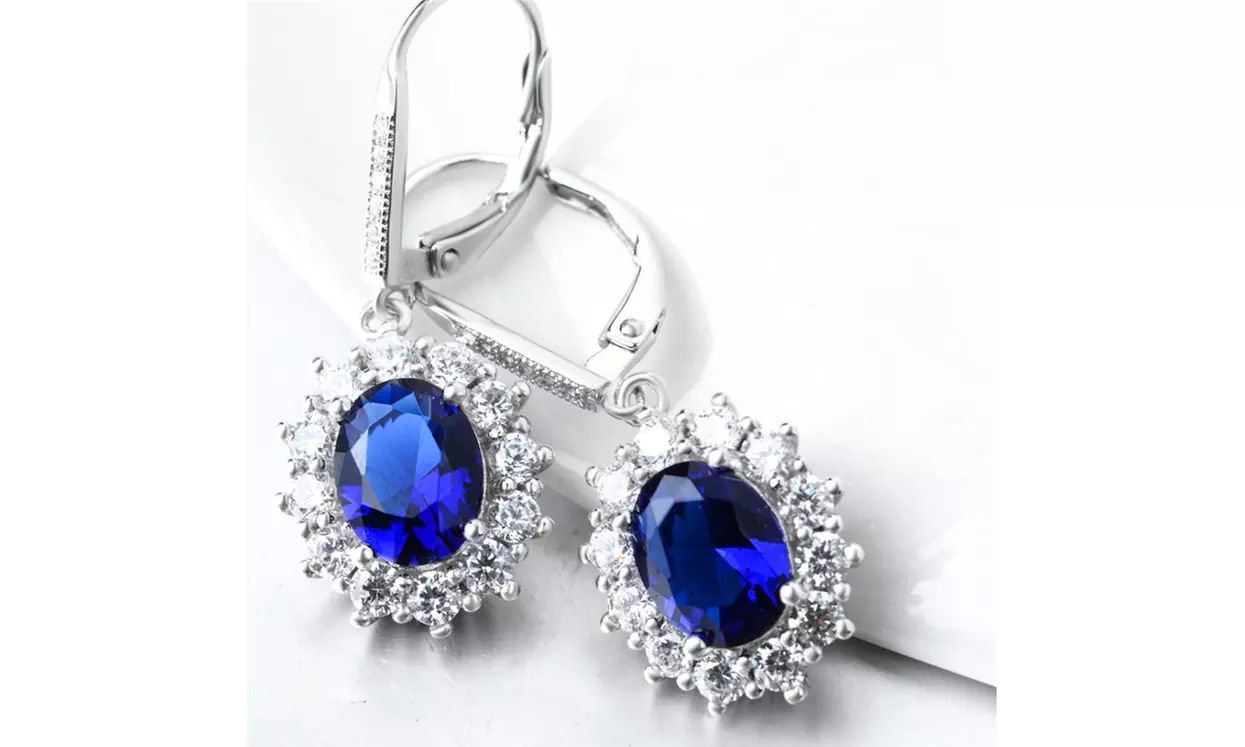Sapphire Halo Leverback earrings in 18K White Gold Plating