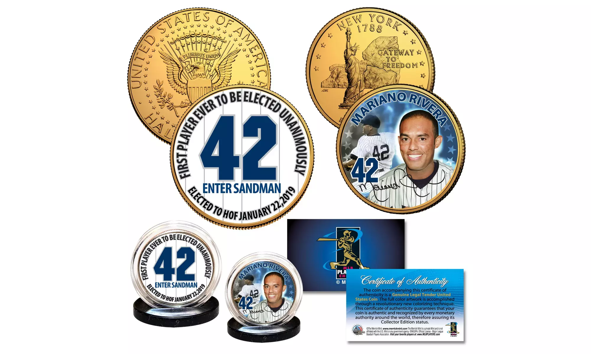 Mariano Rivera Hall of Fame 24K Gold Clad 2-Coin US Set NY QTR & JFK Half Dollar
