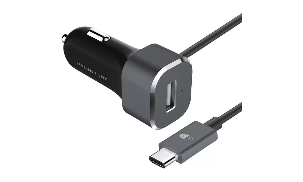 Press Play Ppusbc1ca/blk-gry Single-port Fixed Cable Usb-c Car Charger - Primary Image
