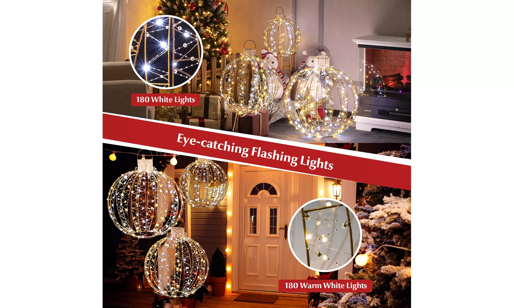 Costway Christmas LED Light Balls Outdoor Hanging Light Spheres 360 Lights