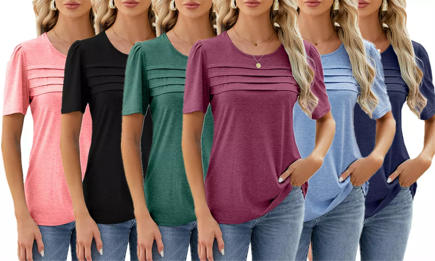 Womens Pleated Front Puff Sleeve Short Sleeve Tunic Top - Primary Image