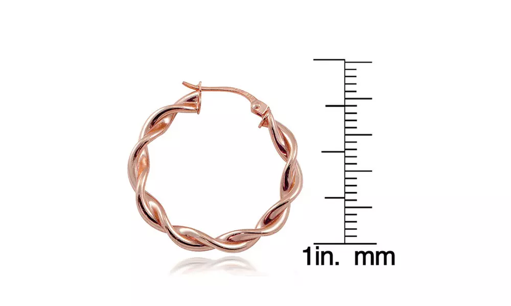Rose Gold Flash Sterling Silver 3mm Twist  Polished Hoop Earrings, 20mm
