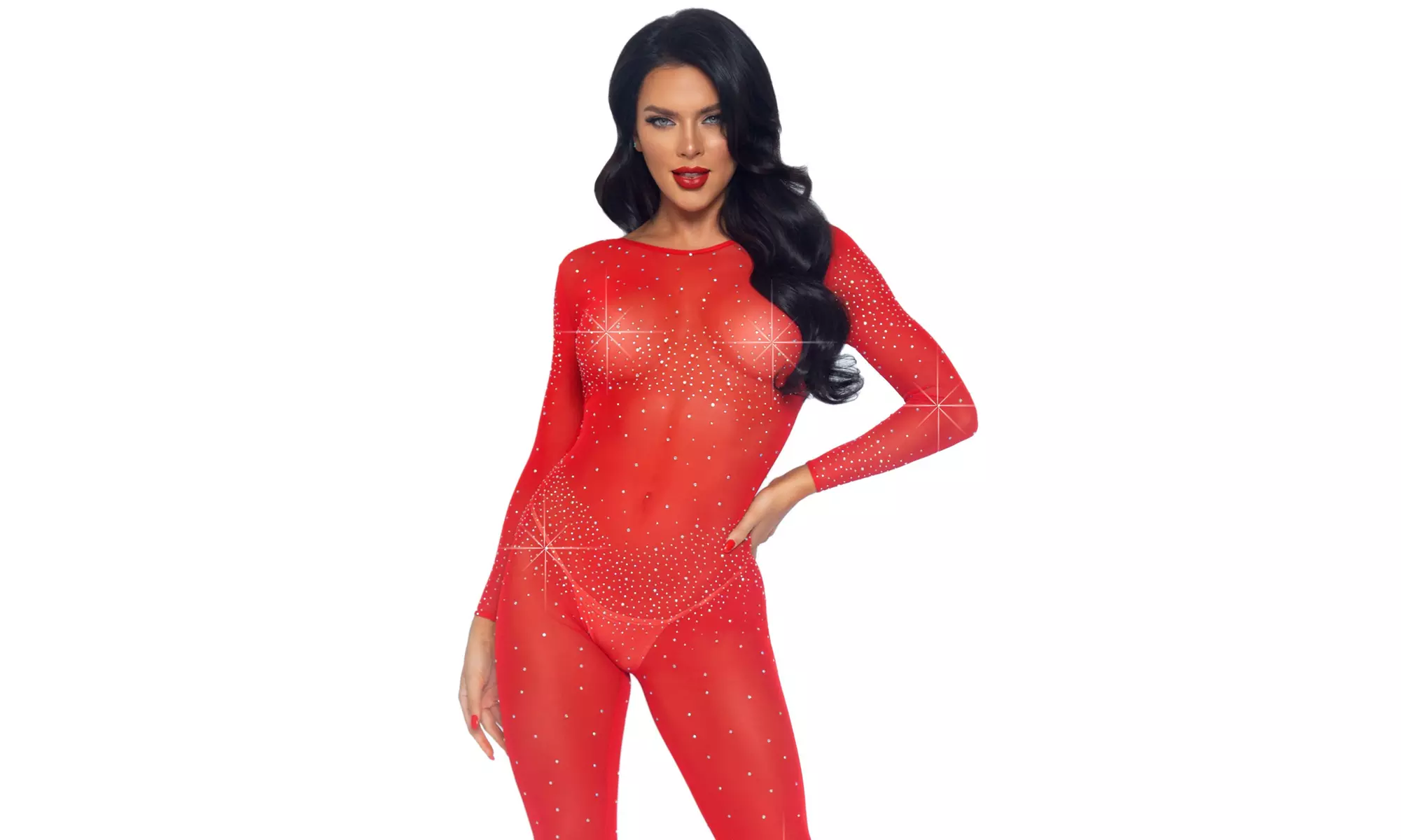 Leg Avenue Women's Sheer Rhinestone Long Sleeve Catsuit - Primary Image