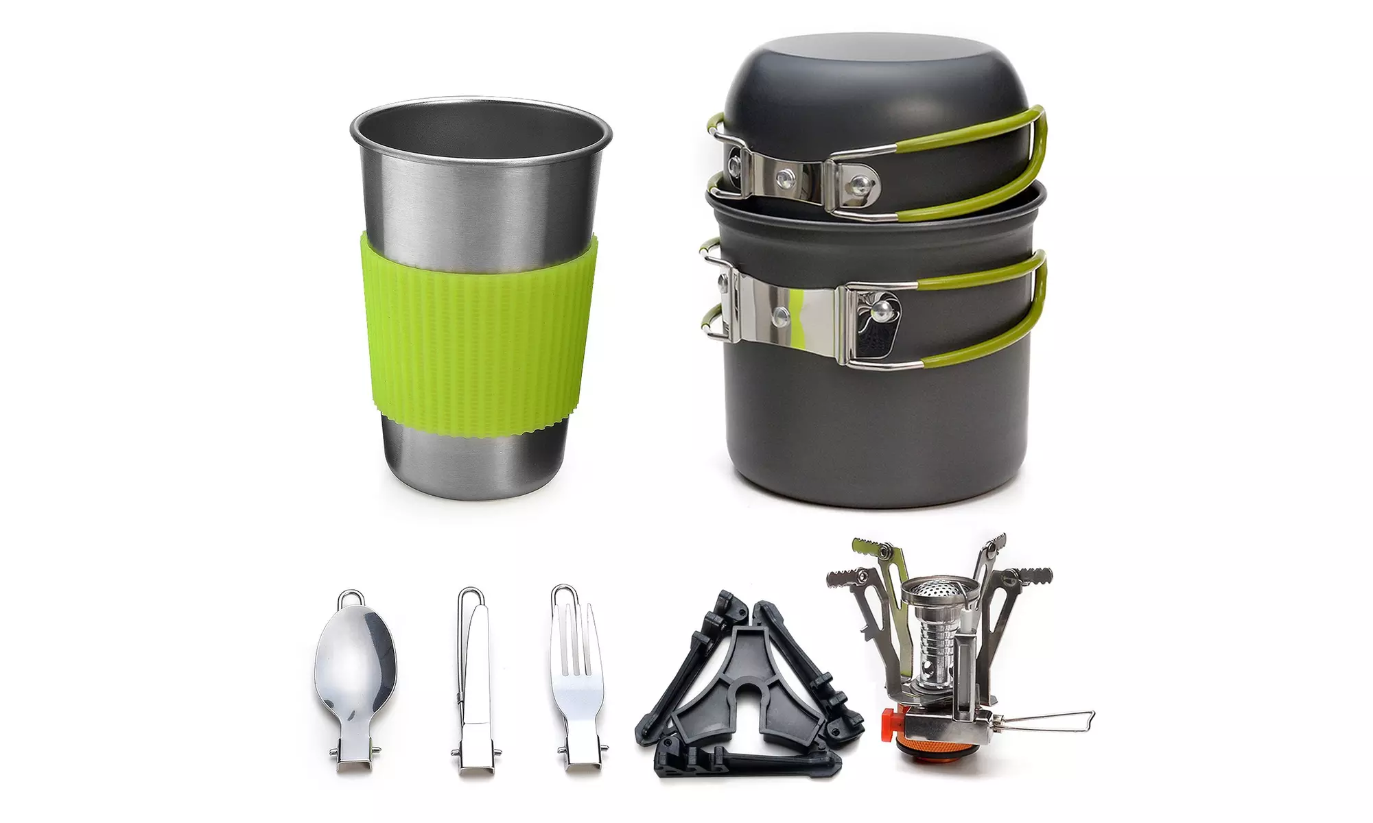 Camping Cookware Stove Carabiner Canister Stand Tripod and Stainless Steel Cup - Primary Image