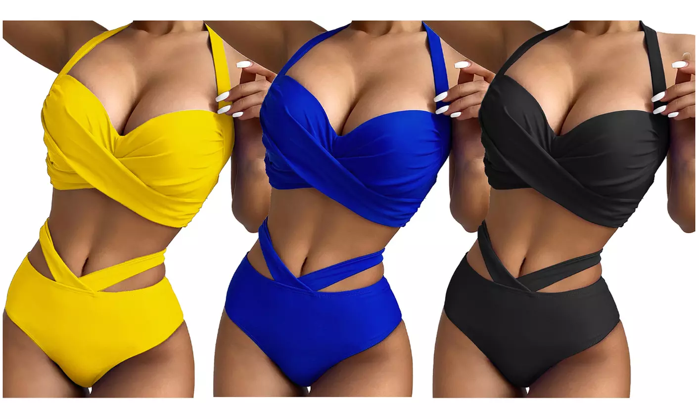 Haute Edition Women's Ruched Bikini Top with Cutout High Waist Bottoms - Primary Image