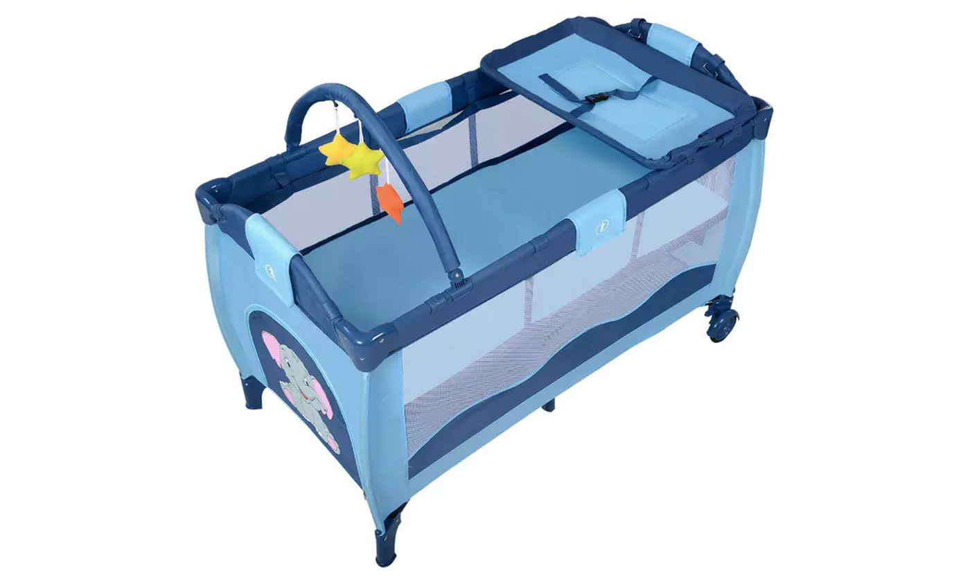Baby Playpen Playard Crib Pack Travel Infant Bassinet Bed Foldable Blue Elephant - Second Medium