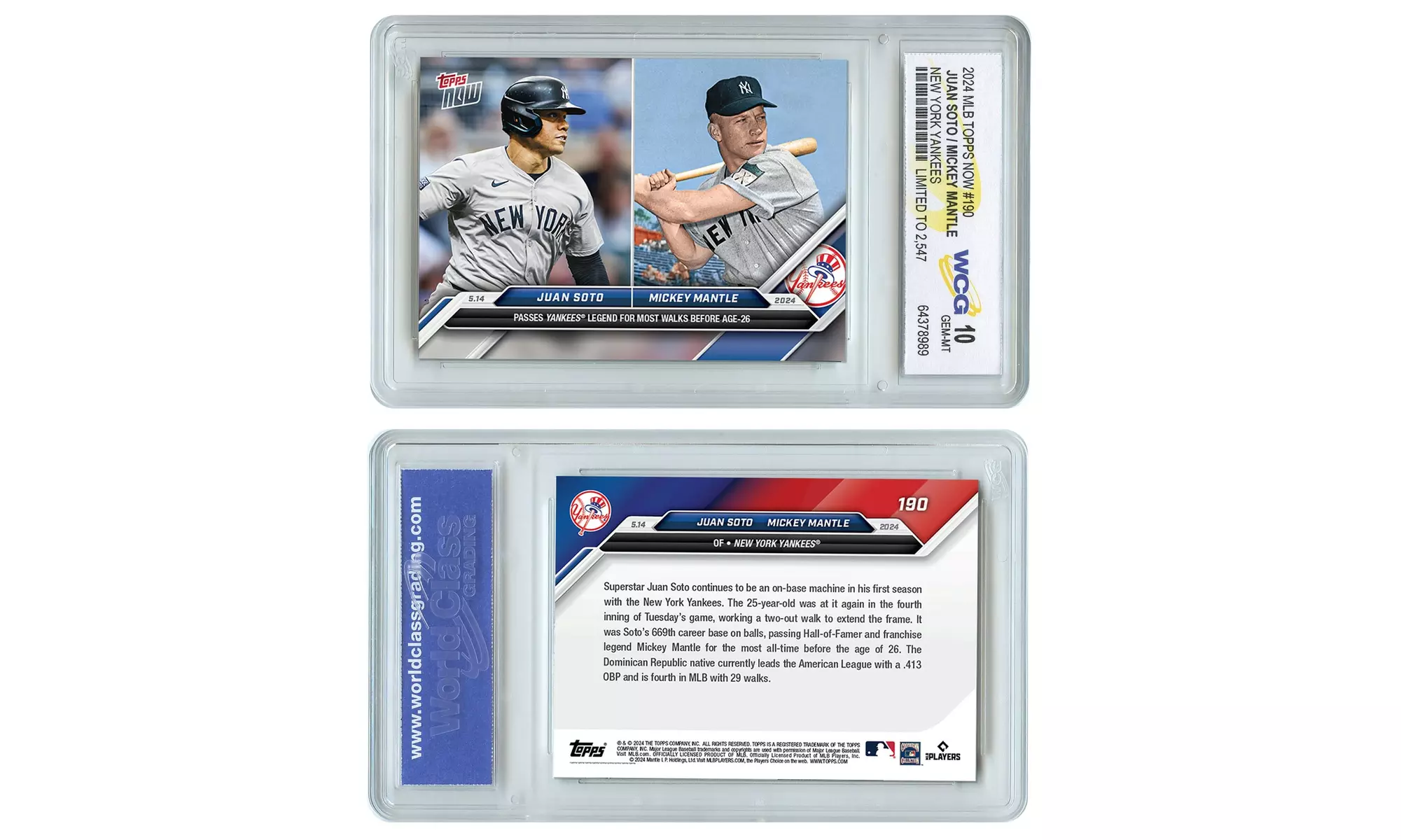 2024 Topps Now Juan Soto / Mickey Mantle NY Yankees Card #190 - Graded GM 10