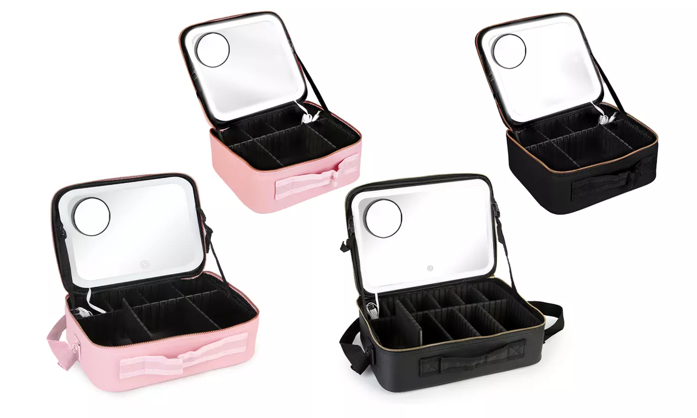 N'POLAR Travel Makeup Bag with Adjustable Dividers, LED Mirror and Brush Holder