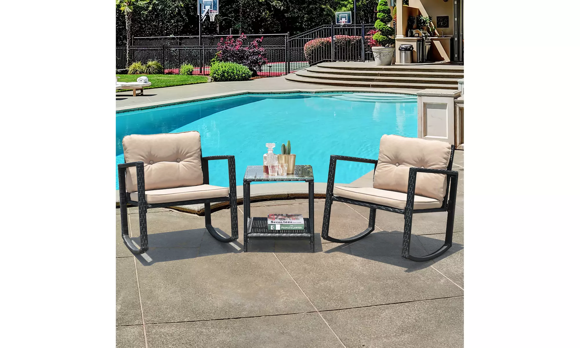Costway 3PC Patio Rattan Conversation Set Rocking Chair Cushioned Sofa Garden - Primary Image