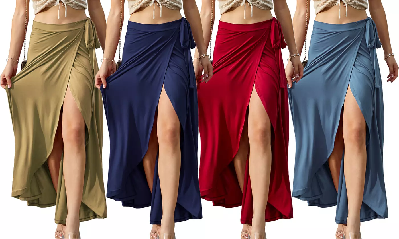 Doublju Women's Tie Waist Flared Wrap Maxi Skirt - Primary Image