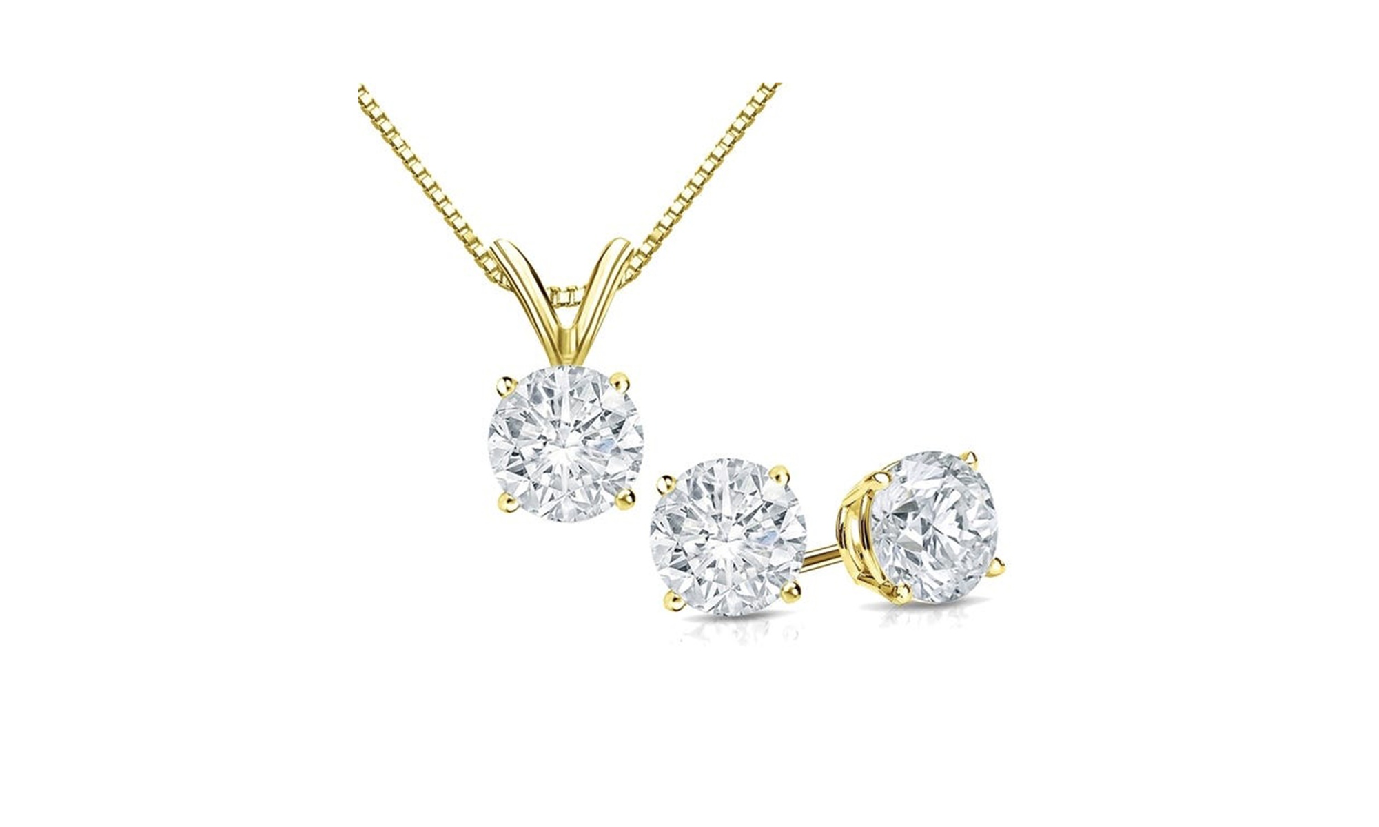 18k Gold Plated 1Ct Round White Sapphire 18 Inch Necklace and Earrings Set  