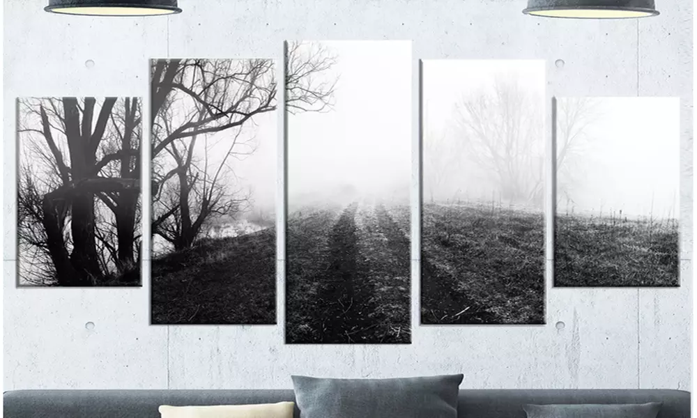 Black and White Misty Landscape Panorama - Landscape 5 Panel Metal Wall Art - Primary Image