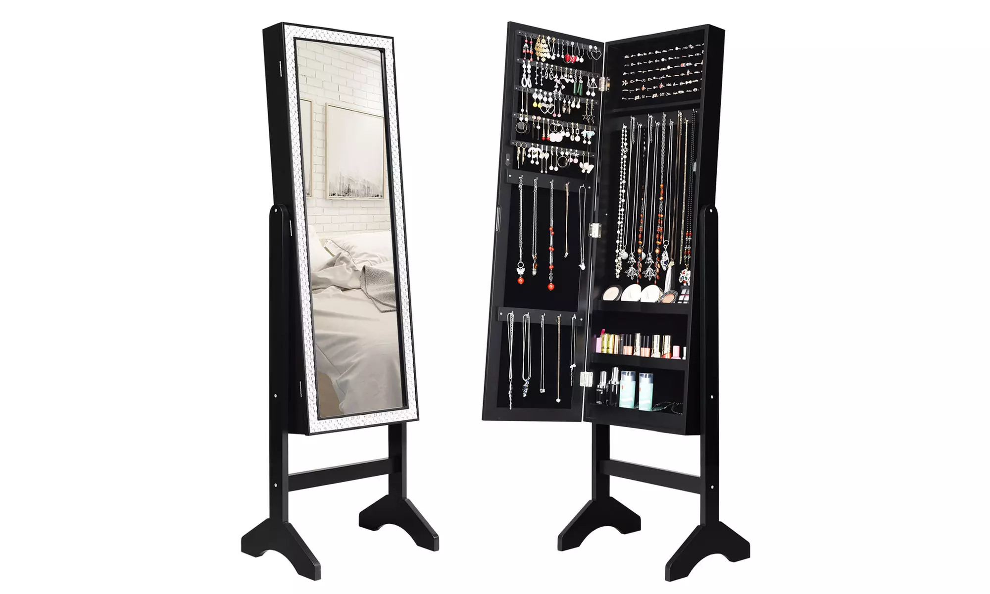 Goplus Mirrored Jewelry Cabinet Armoire Resin Diamond Storage Organizer - Primary Image