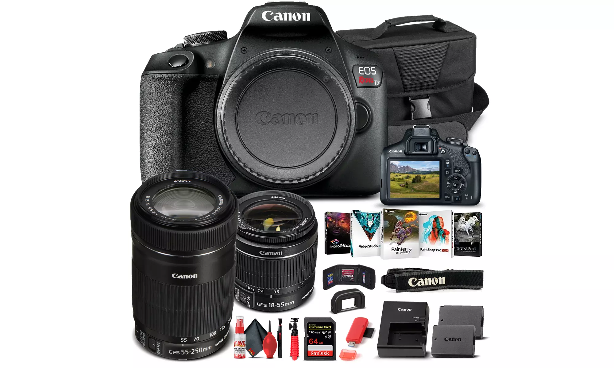 Canon EOS Rebel T7 Camera with 18-55mm and EF-S 55-250mm Lens  - Basic Bundle - Primary Image