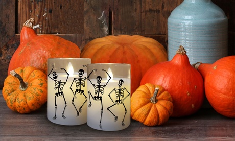 Halloween Battery Operated LED Glass Candles With Flickering Flame - Set Of 2 Pumpkin