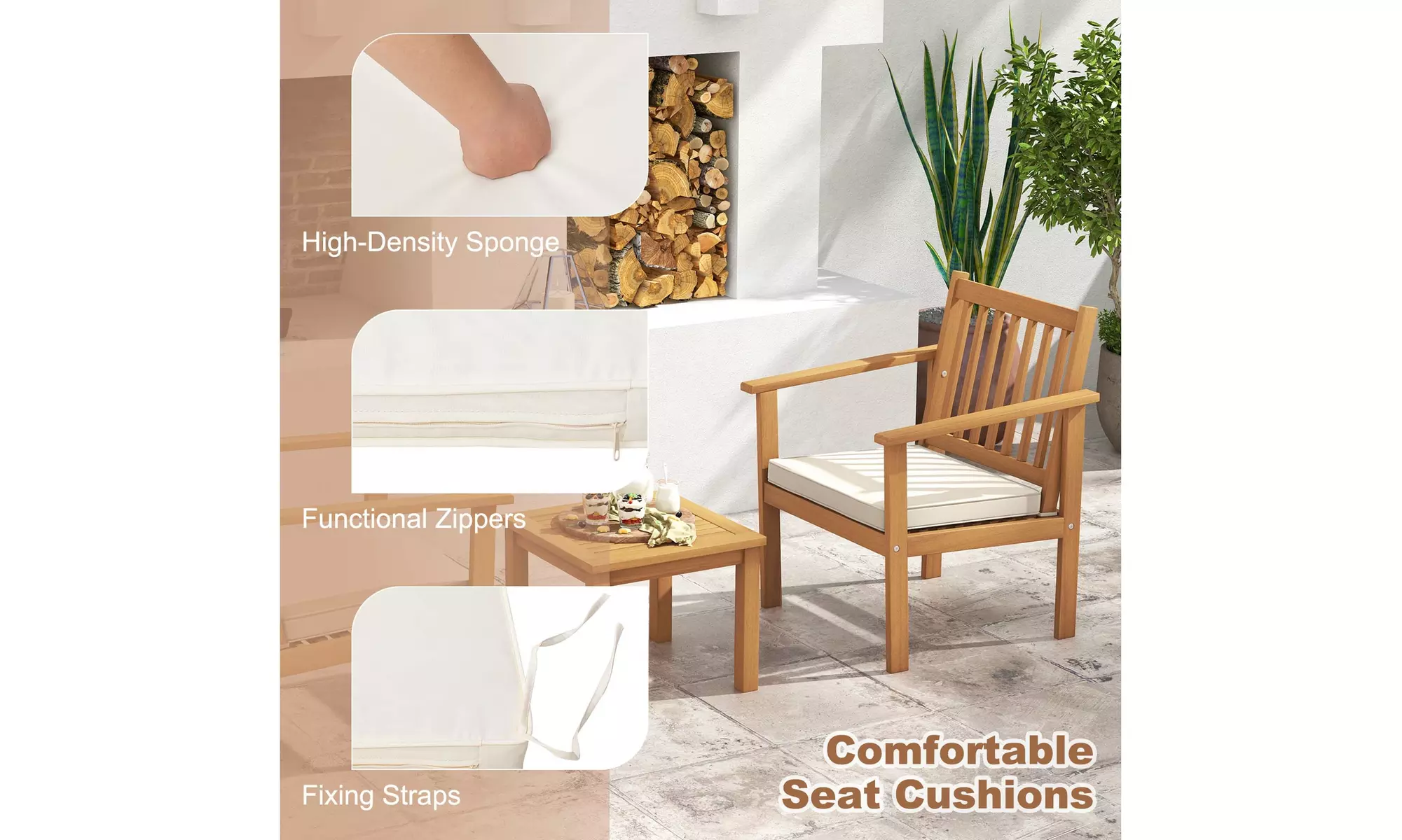 Costway 3 PCS Patio Wood Furniture Set Acacia Wood Chairs & Coffee Table