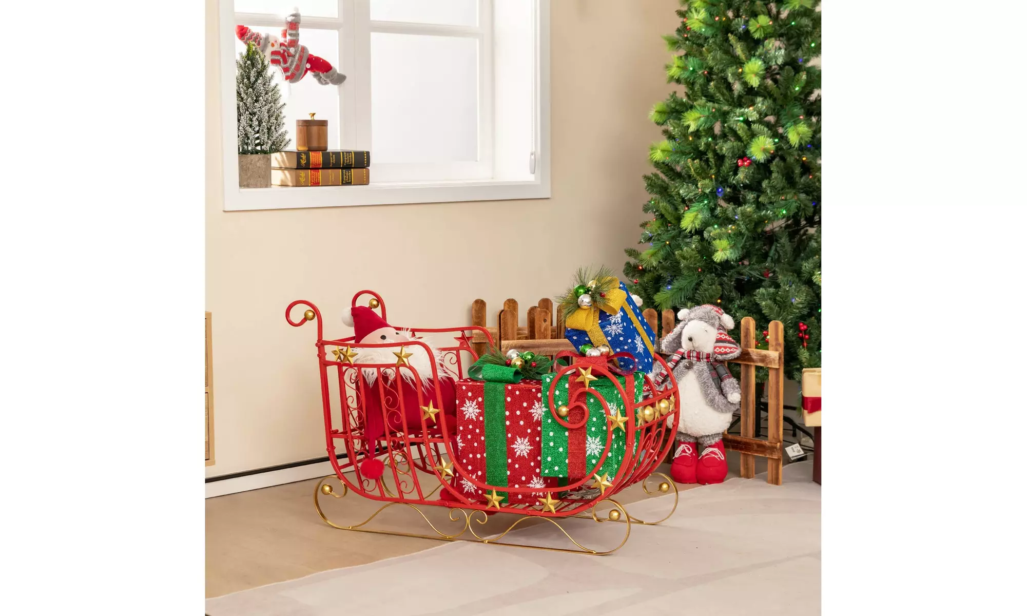 Costway Red Santa Sleigh w/ Large Cargo Area Gifts Metal Christmas Holiday Decor