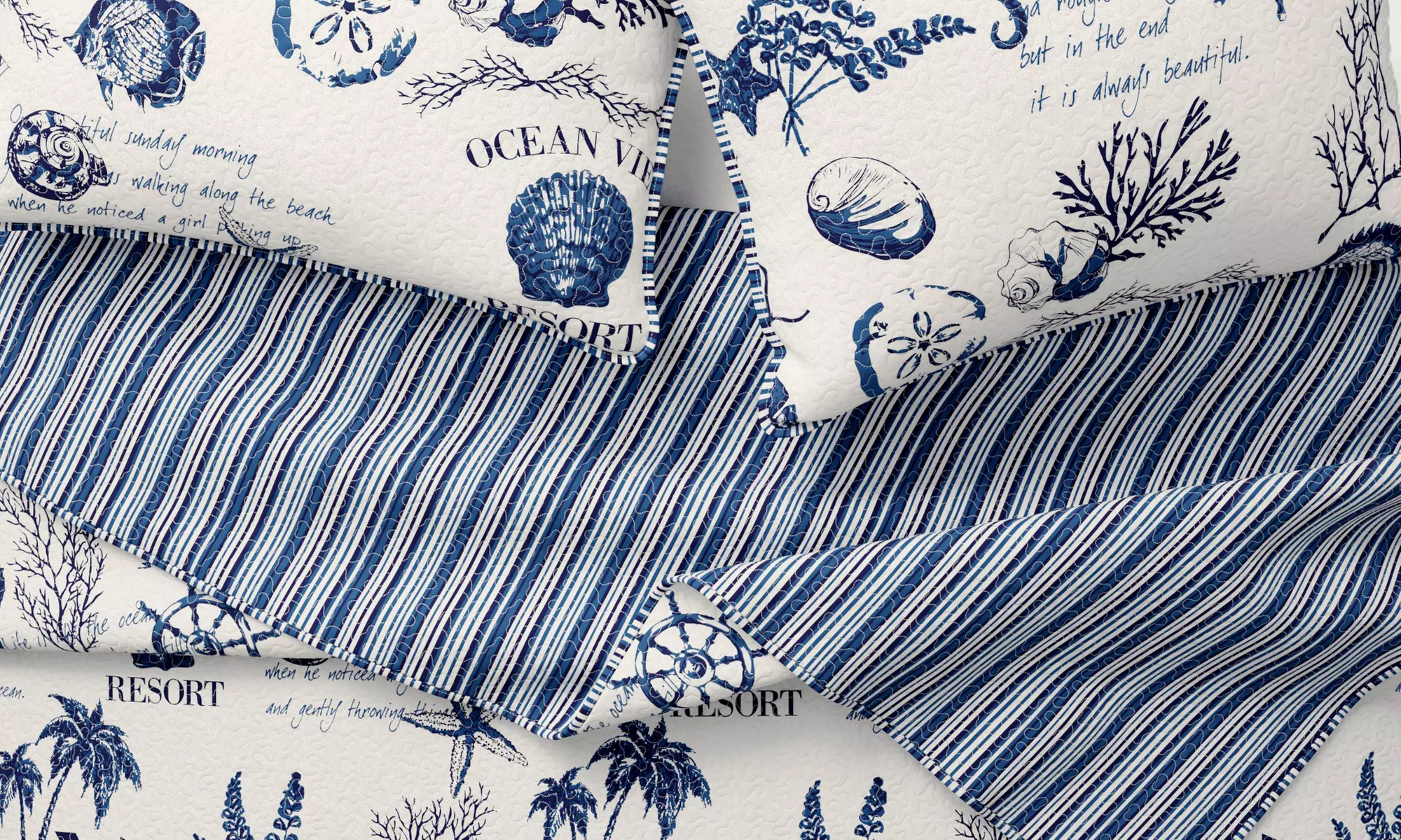 Coastal Shell Themed Quilt Set Bedspread (2- or 3-Piece)