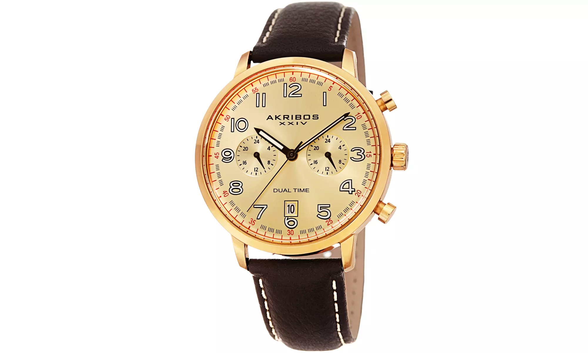 Akribos XXIV Men's Chronograph Date Brown Leather Strap Watch