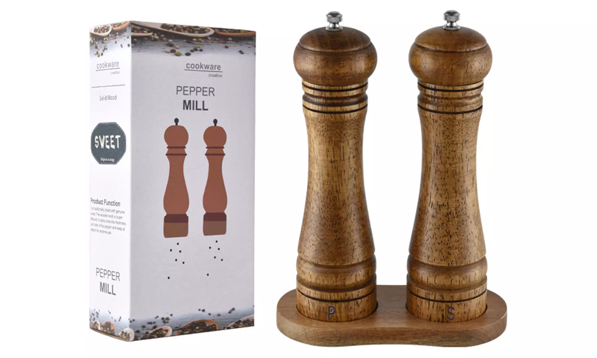2 Pcs Kitchen Wooden Salt and Pepper Grinder with base Adjustable Coarseness - Second Medium