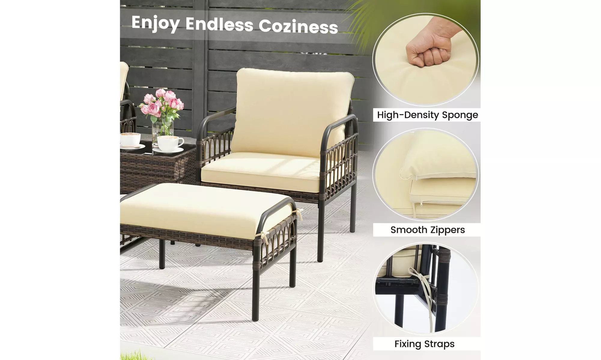 Costway 5 Piece Patio Conversation Set - Outdoor Wicker Chairs, Ottomans & Table