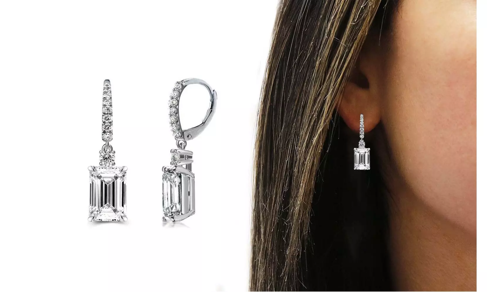 Emerald Cut Drop Leverback Earrings  With Crystals From Swarovski - Second Medium