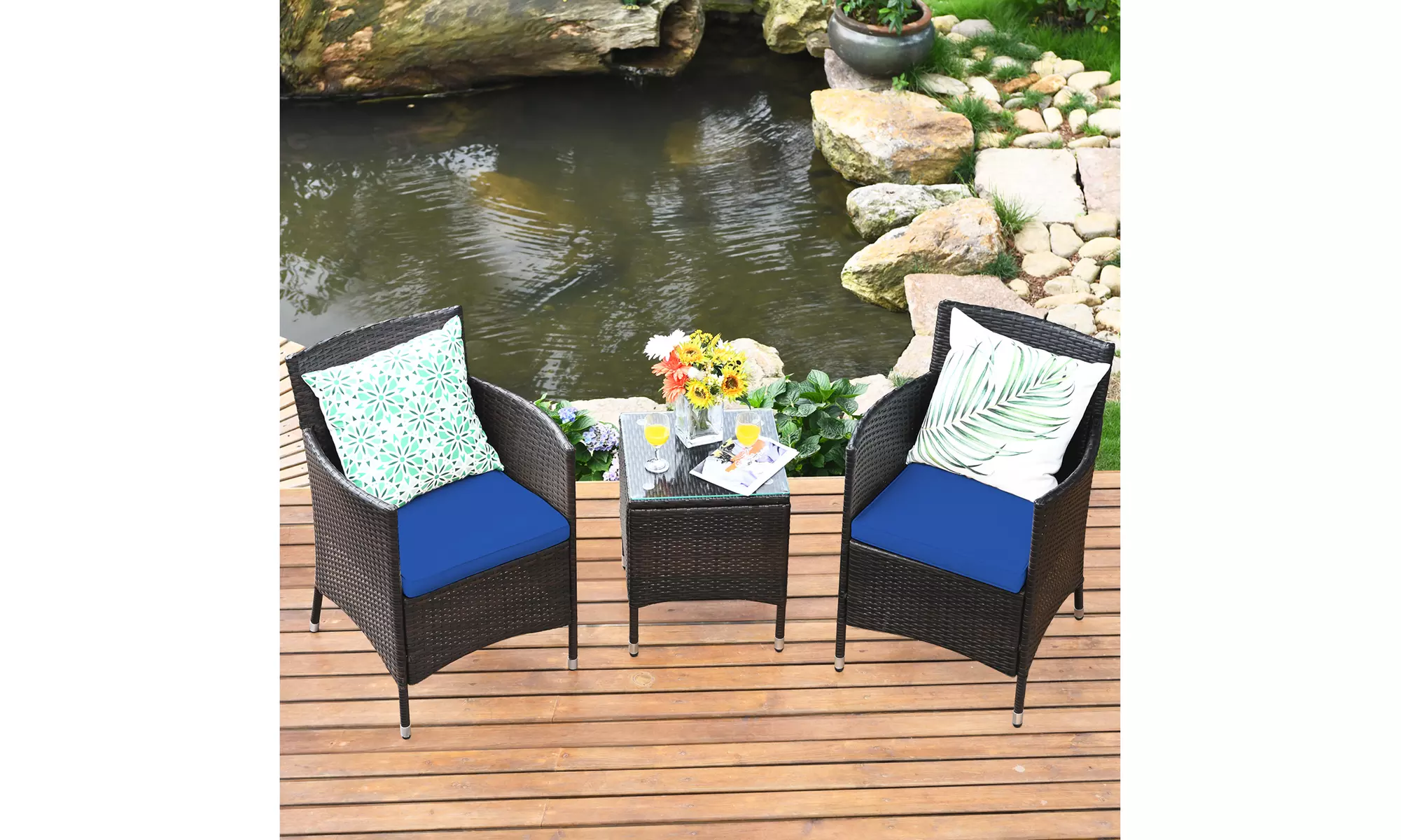 Costway Outdoor 3 PCS PE Rattan Wicker Furniture Sets Chairs Coffee Table Garden