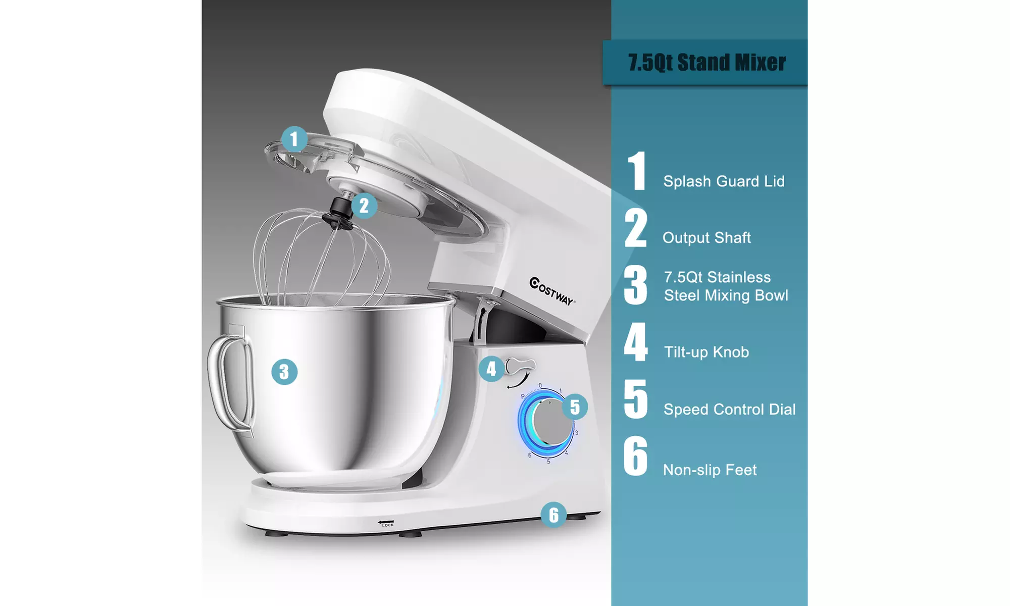 Costway Electric Food Stand Mixer 6 Speed 7.5Qt660W Tilt-HeadStainless