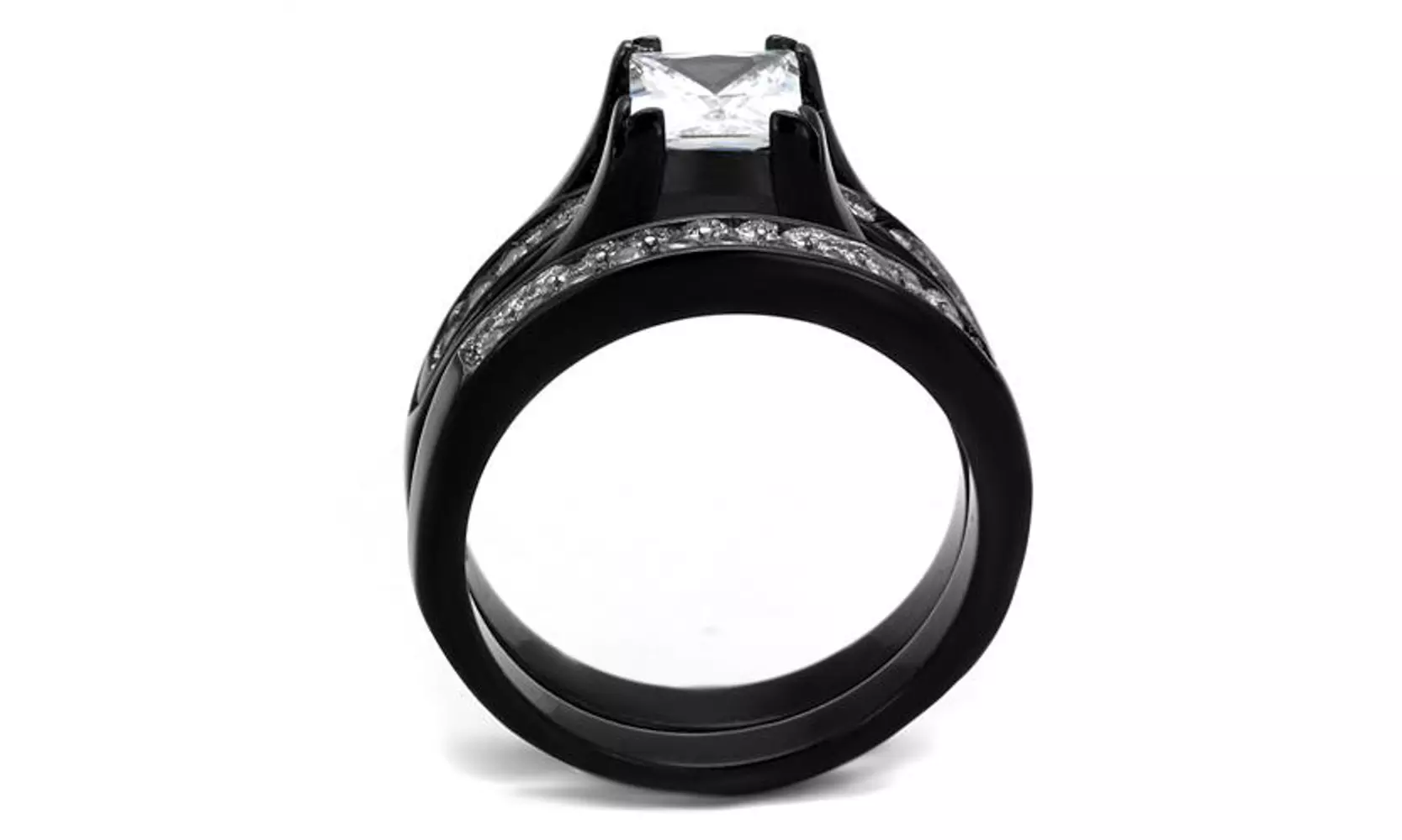 2.10ct Princess Cut Cubic Zirconia and Black Stainless Steel Wedding Ring Set
