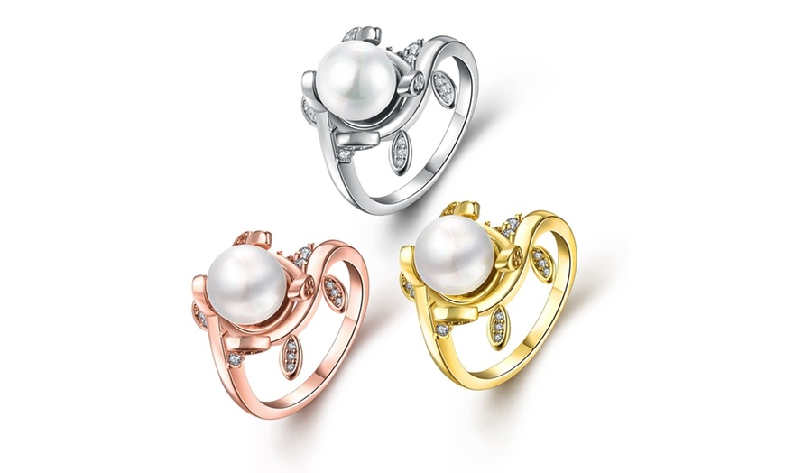 Image 4: Gold Plated Curved Pav'e Freshwater Pearl Ring 