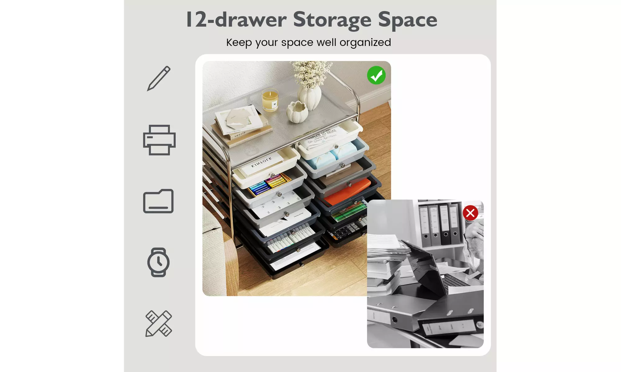 Costway 12 Drawers Rolling Cart Storage Scrapbook Paper Studio Organizer Bins