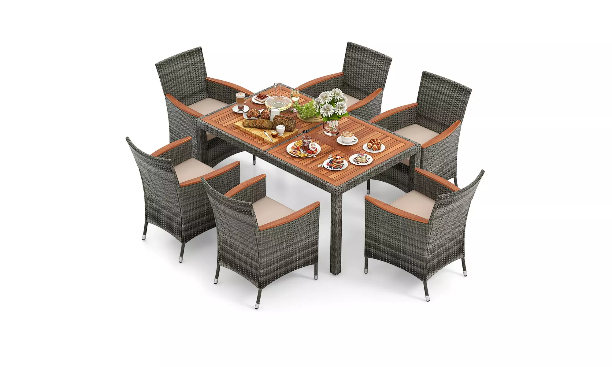 Costway 7 Pieces Outdoor Wicker Dining Set with Acacia Wood Table and 6 Chairs