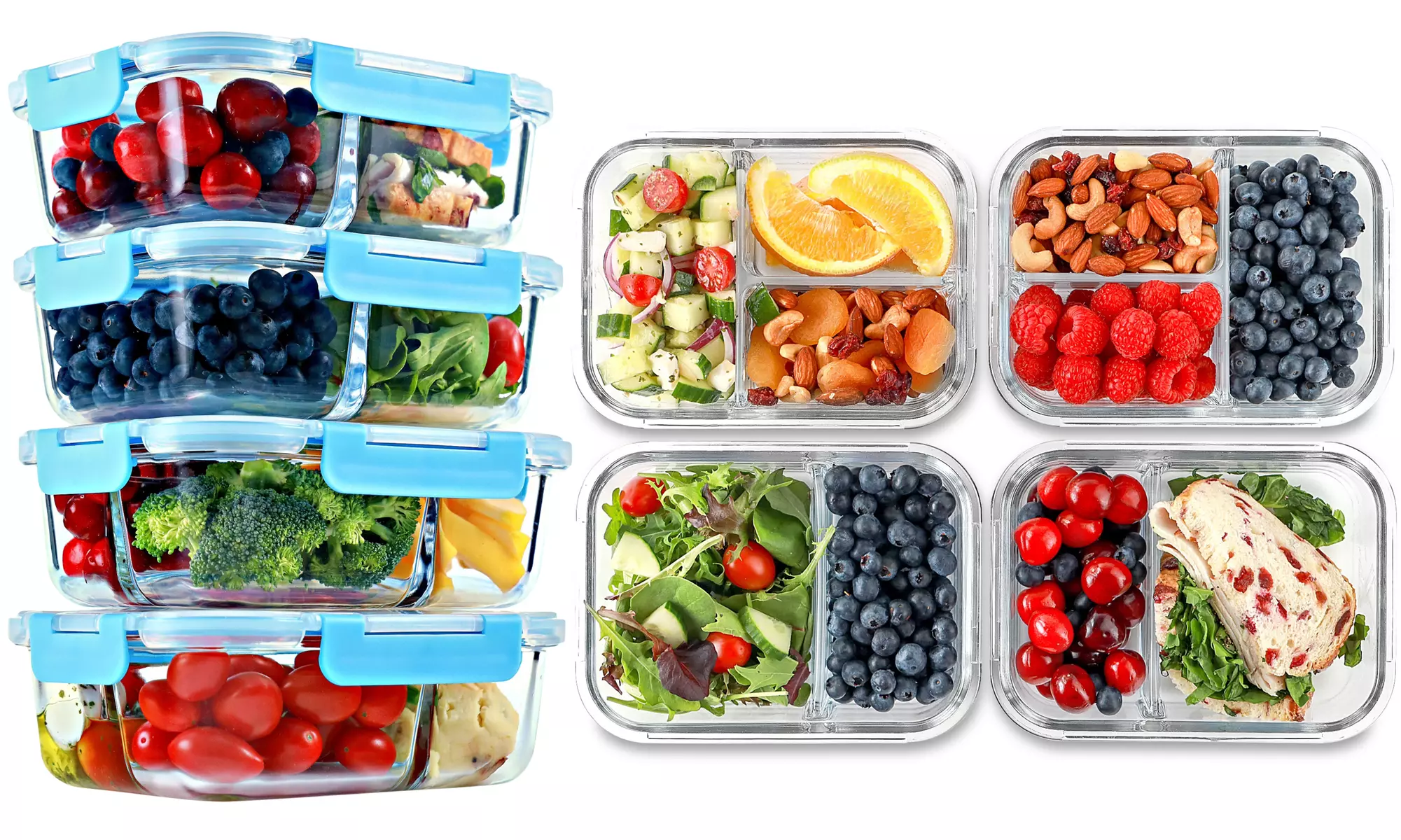 2 & 3 Compartment Glass Meal Prep Food Storage Containers (4 Pack, 32 Oz) - Primary Image