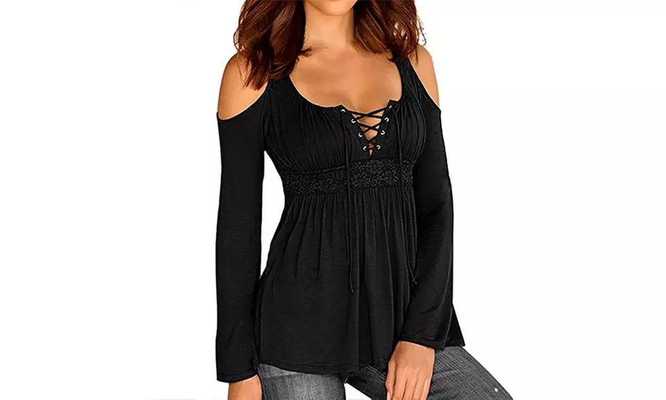 Women V-Neck Open Cold Shoulder Long Sleeve Blouse Bandage T-shirt Top - Primary Image