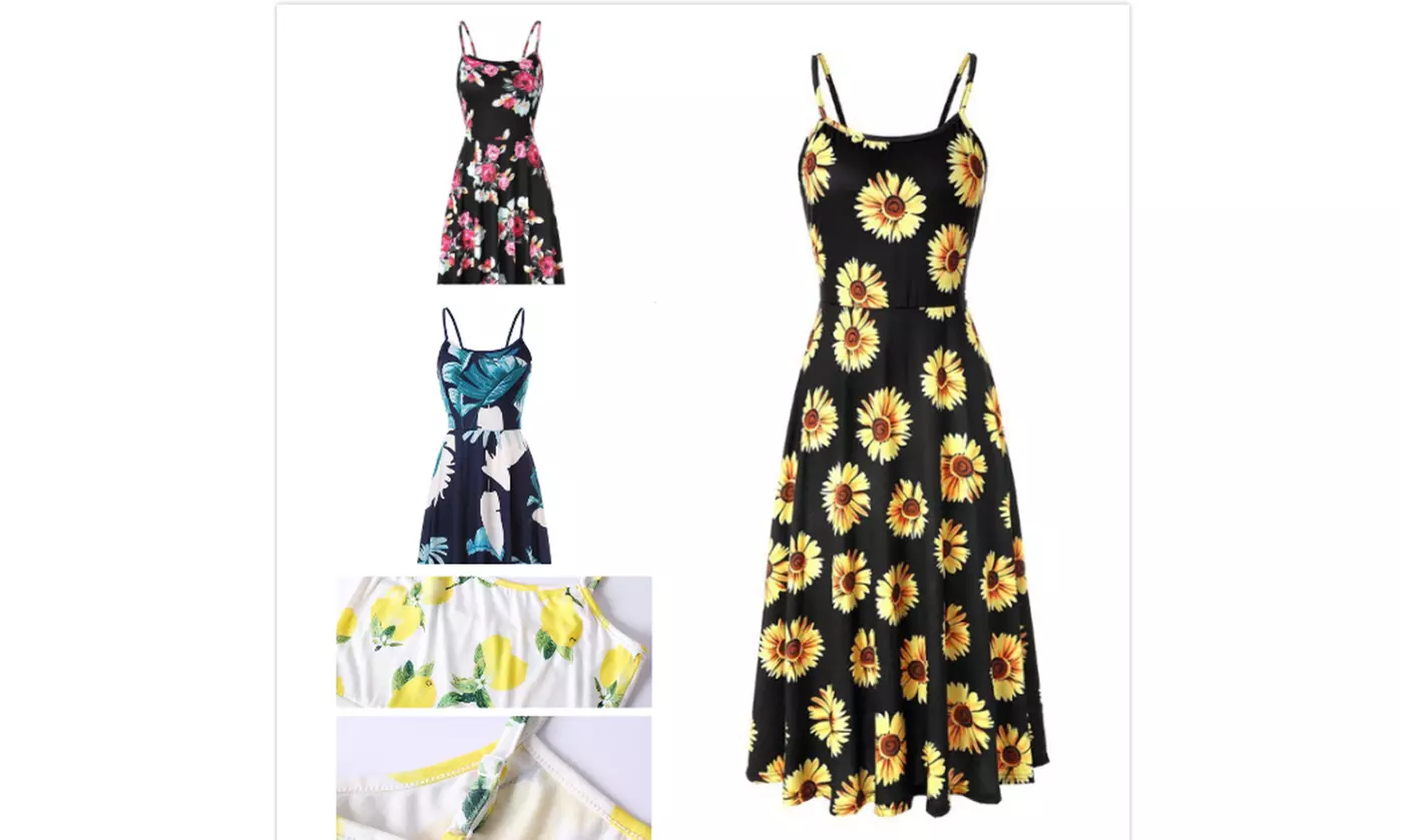 Sunflower Knee-Length Women Beach Dresses Spaghetti Strap Swing Summer Dress - Primary Image