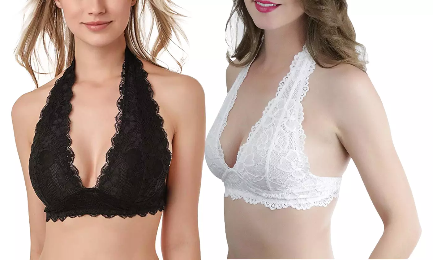 Womens Floral Lace Halter Bra Bralette Top Deep V Unpadded Wirefree Lingerie  - Primary Image