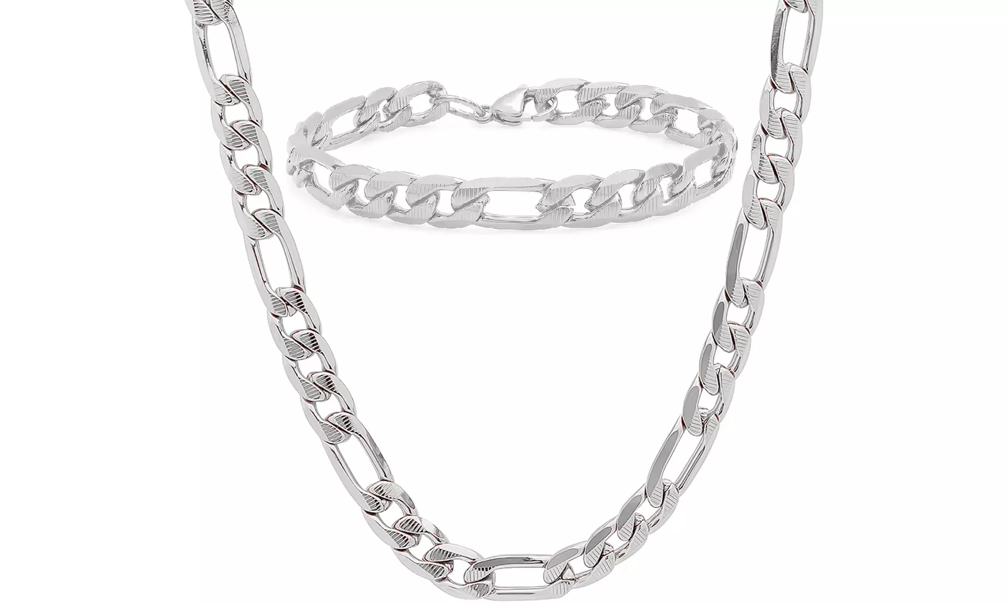 Men's Stainless Steel Figaro Chain And Bracelet Link Set DS