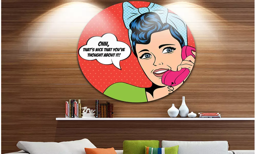 Woman Talking on Phone' Abstract Portrait Circle Metal Wall Art - Primary Image