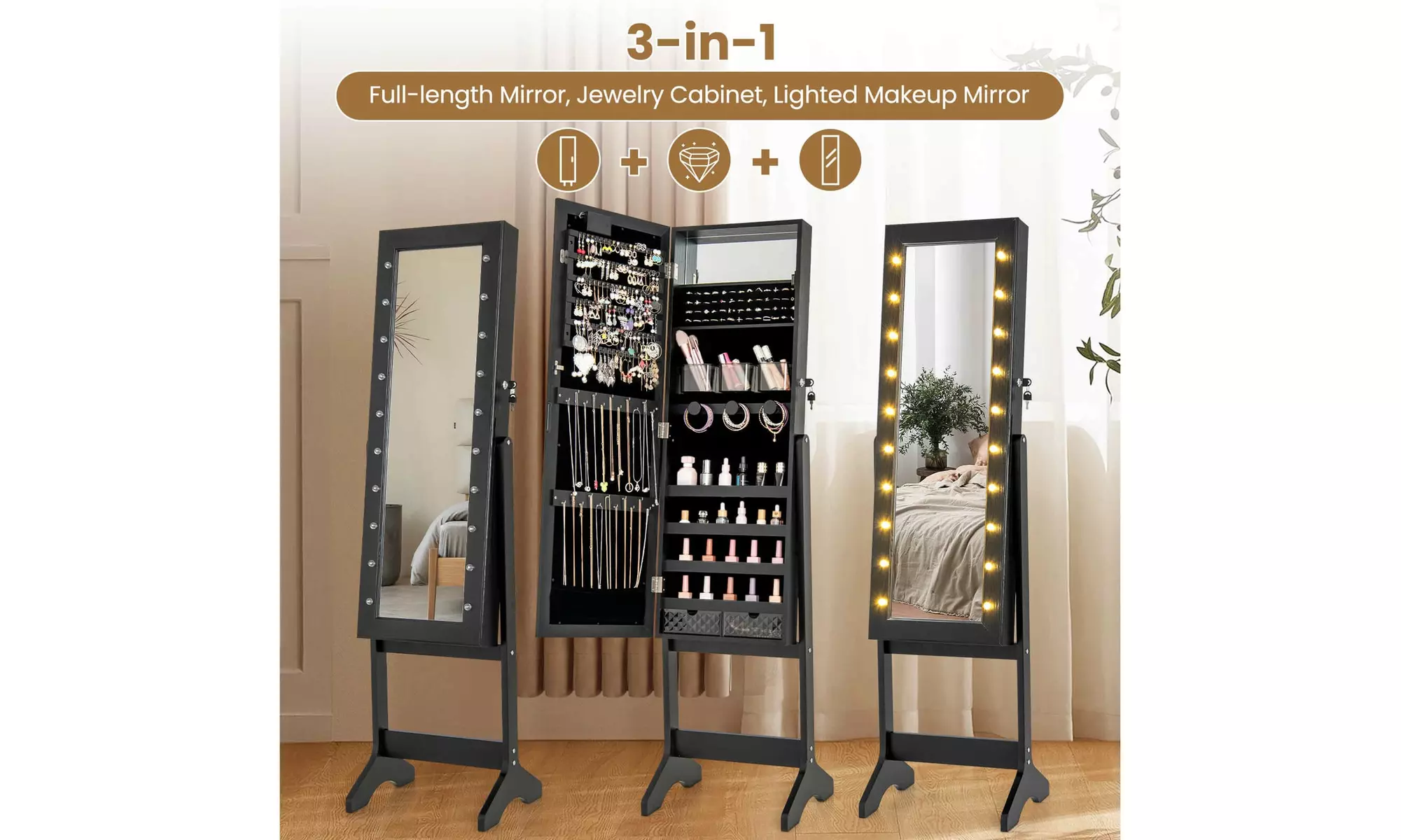 Costway Full-Length LED Mirror Jewelry Cabinet with 20 LED Lights