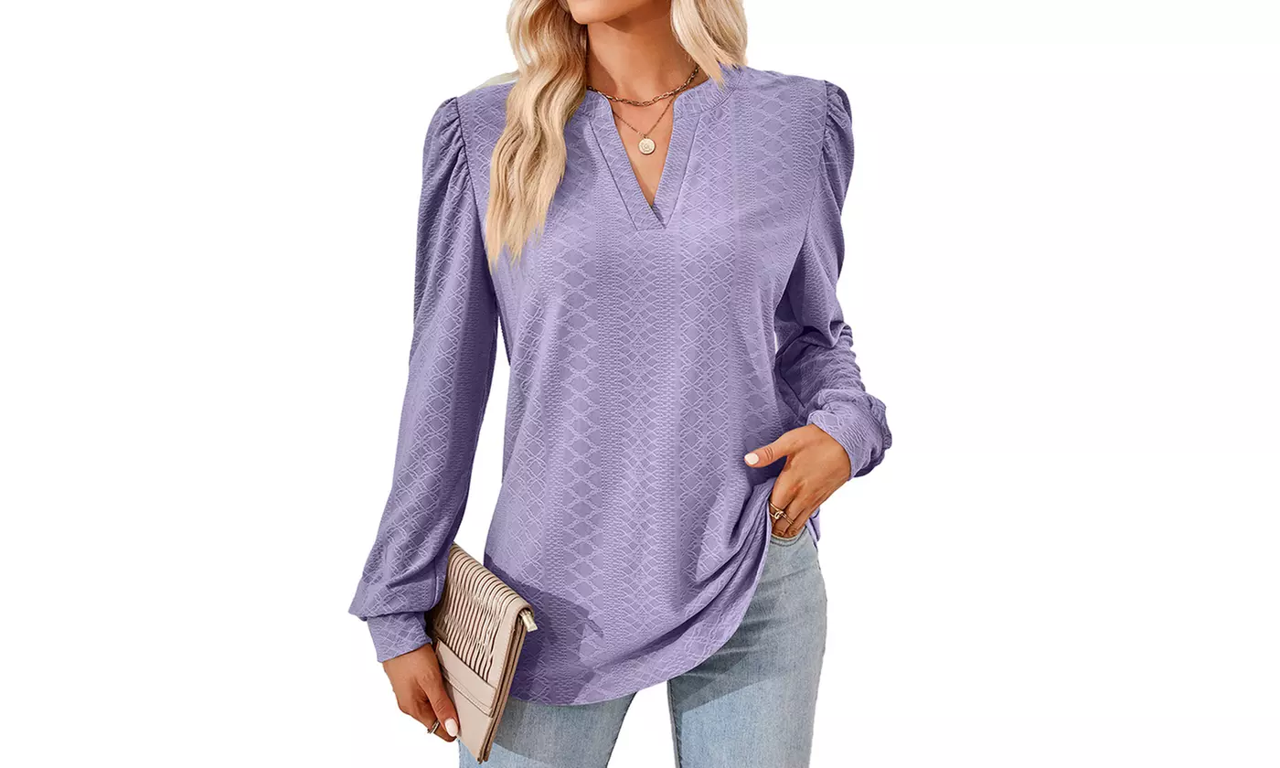 Women Long Sleeve V Neck Tunic Blouse