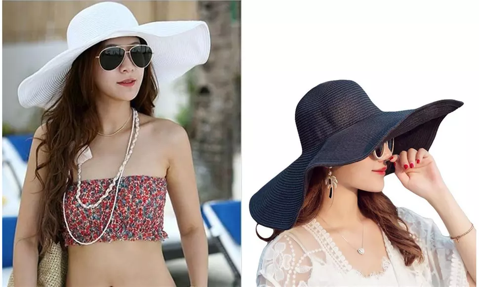 Women's Summer Floppy Hat Straw Sun Beach Wide Brim Cap Foldable - Primary Image