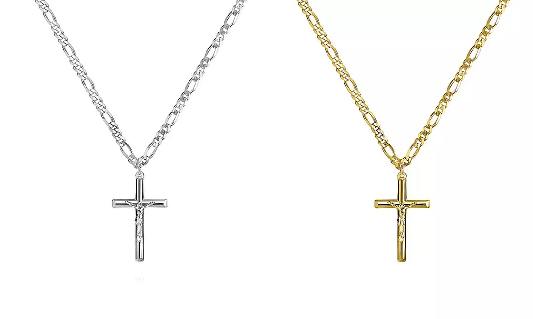 Fathers Day Special Men's Stainless Steel Crucifix Cross W/ 24 Inch Figaro Chain - Primary Image