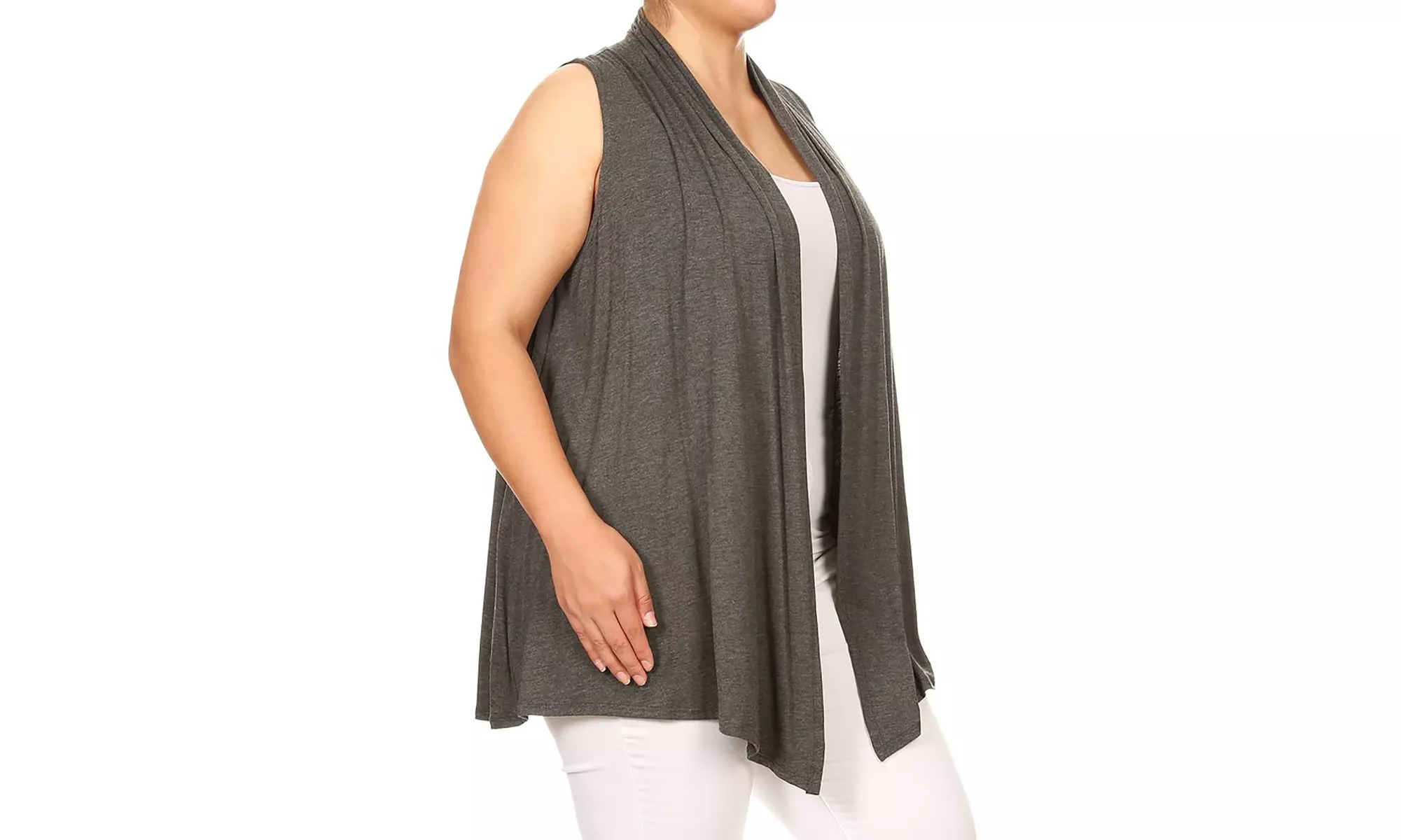 Women's Plus Size Loose Fit Long Body Draped Open Front Solid Vest Cardigan