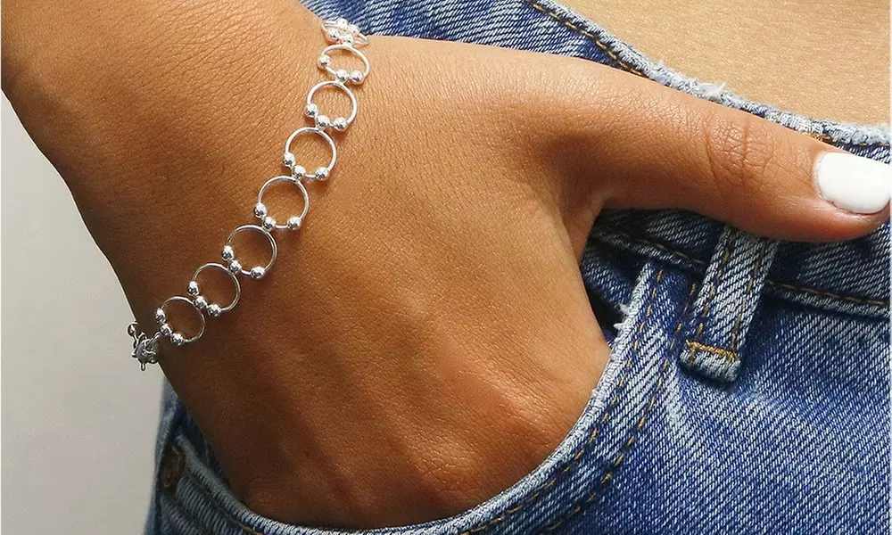 Italian Made 925 Sterling Silver Beaded Circle Anklet or Bracelet Chain