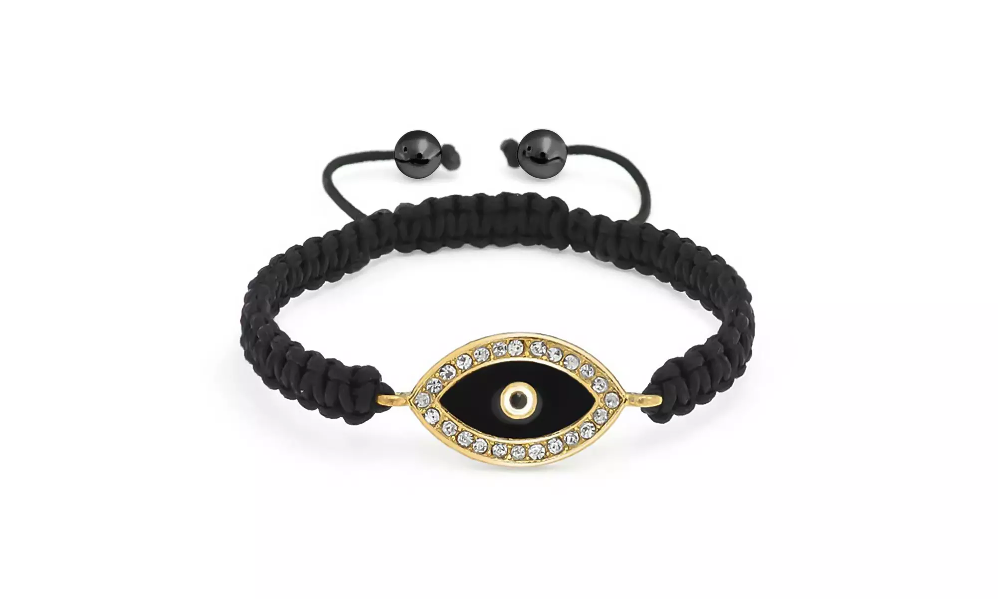 Black Evil Eye Braided Cord Bracelet with Gold Plated Alloy for Good Luck - Primary Image