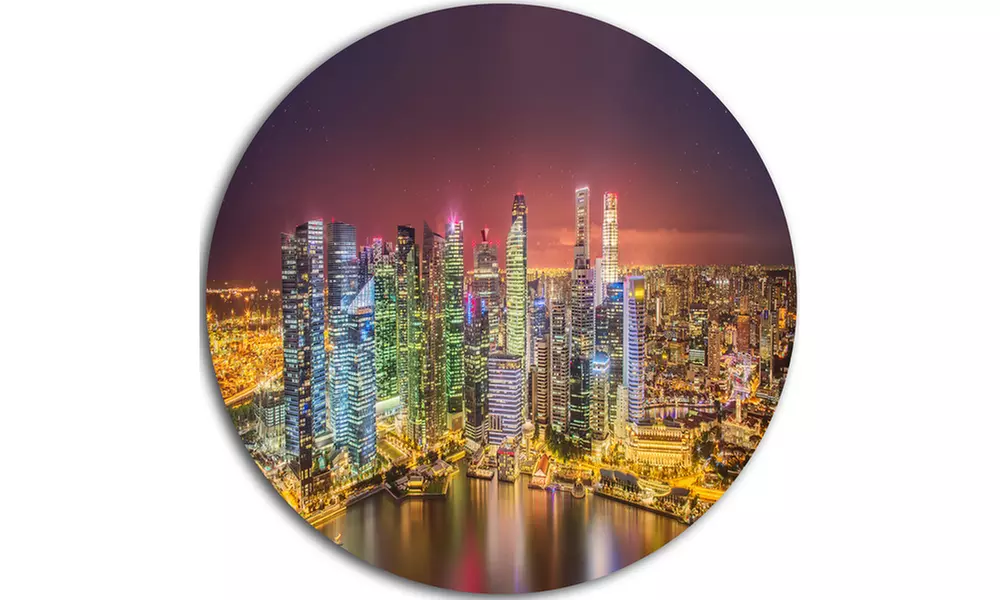 Singapore Skyline View of Marina Bay' Ultra Glossy Cityscape Circle Wall Art - Second Medium