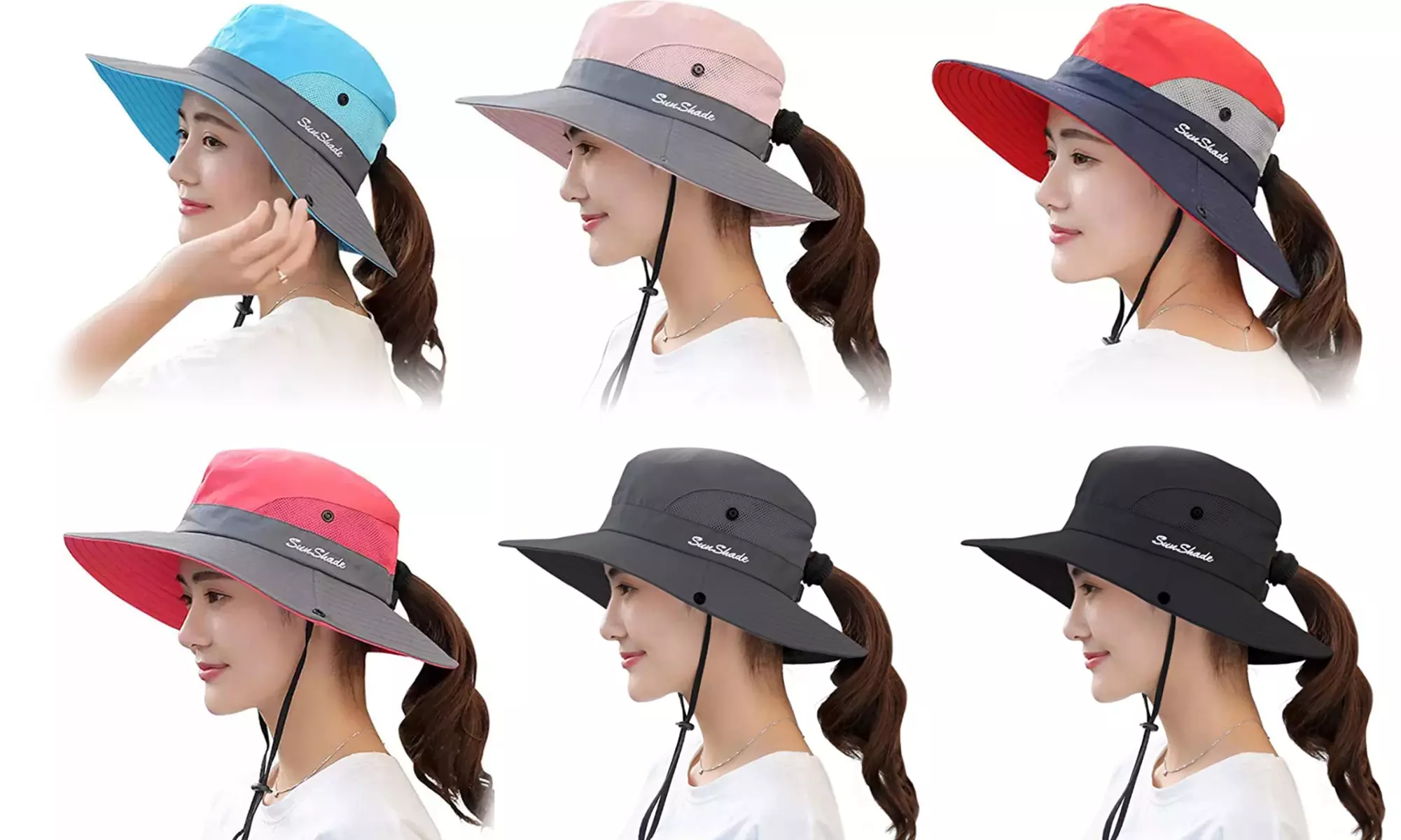 2 Pcs Womens UV Sun Protection Beach Cap Foldable Wide Brim Ponytail Cap - Primary Image