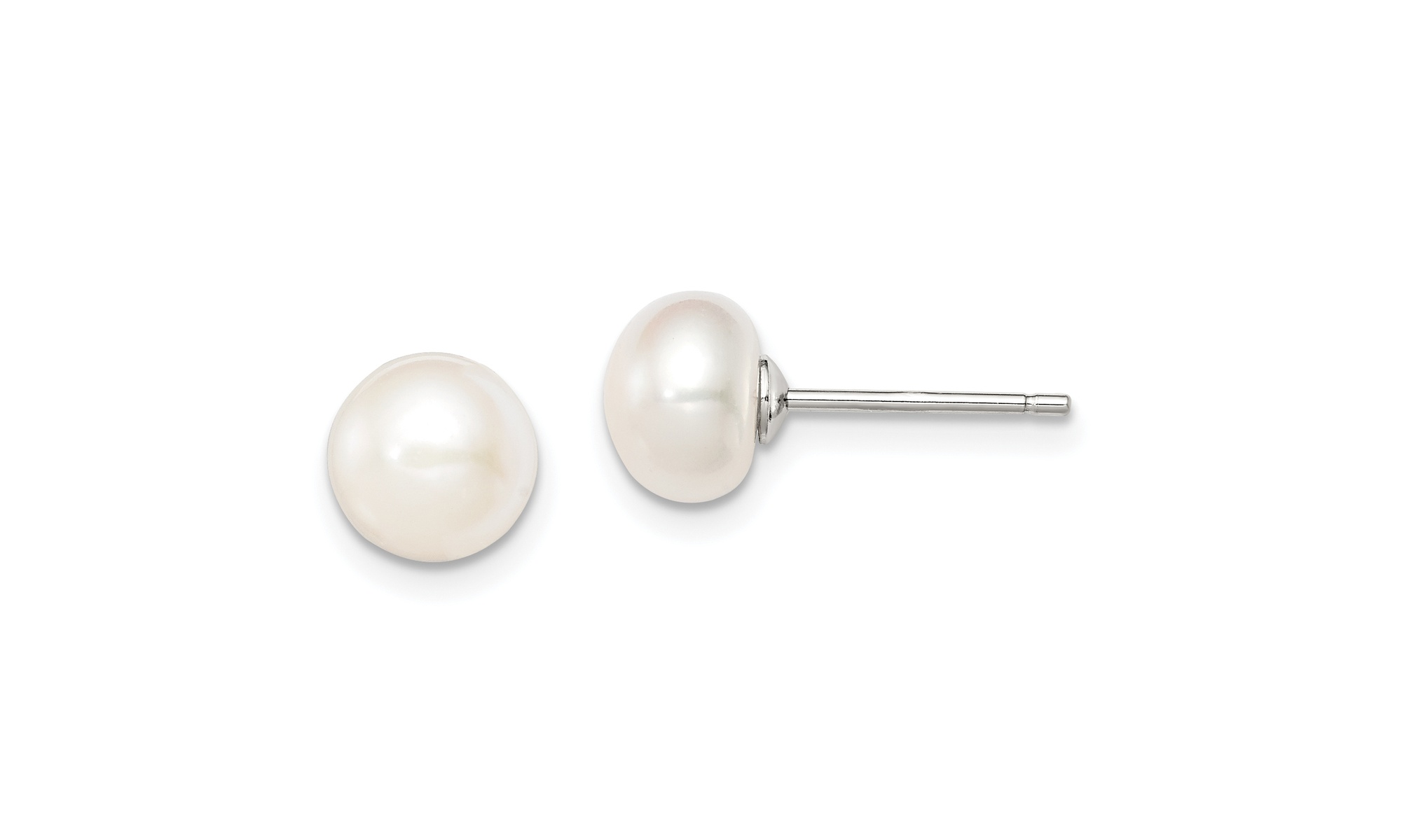 White Gold Plated 10-11mm White Freshwater Cultured Round Pearl Stud Earrings
