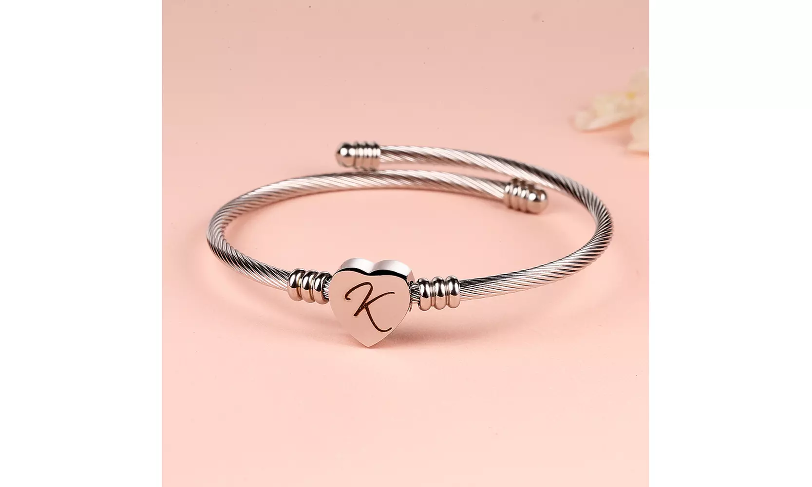 Twisted Steel Heart Cable Initial Bracelet